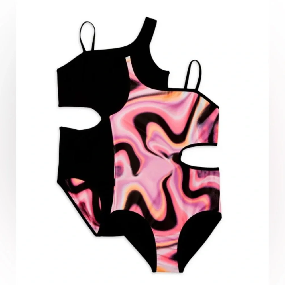 New! Justice marble Swirl Girls One Piece Cut Out REVERSIBLE Swimsuit | Size L